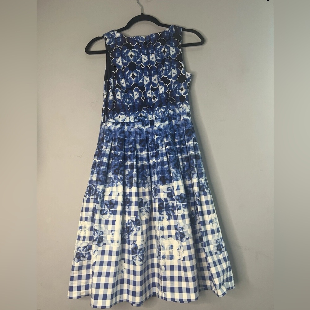 Talbots Petite 4P Blue Floral Gingham Fit Flare Midi Dress - Picture 3 of 12